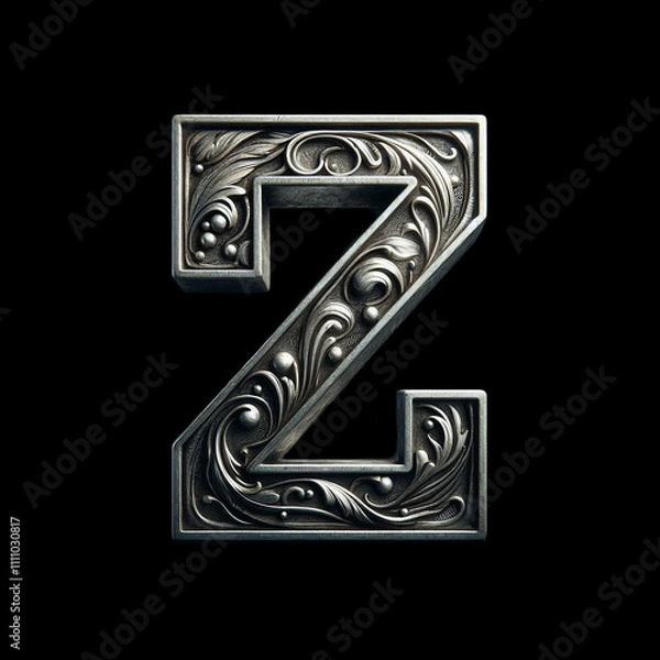 Obraz Old silver font design, alphabet letter Z with metal texture and decorative floral pattern isolated on black background, luxury and jewelry concepts.

