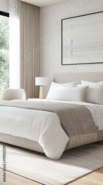 Obraz Cozy and modern bedroom design featuring neutral tones and gentle lighting
