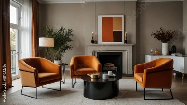 Fototapeta An elegant living space features three orange armchairs, a sleek black coffee table, and warm-toned artwork, all set against soft beige walls for a cozy yet modern atmosphere