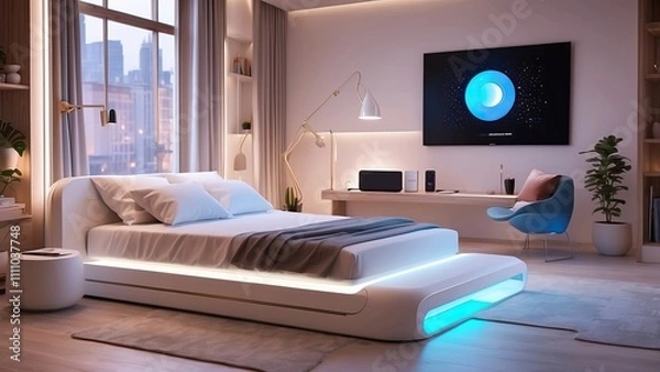 Fototapeta Multi-functional guest space with a pull-out smart bed and holographic personal assistant display.