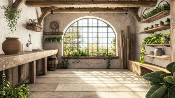 Fototapeta Seamless Fusion of Modern and Medieval: Photorealistic Pottery Studio Interior with Rustic Shelves, Innovative Tools, and Creative Decor
