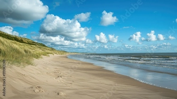 Fototapeta Serene Beach Landscape with Soft Sand, Gentle Waves, and Fluffy Clouds Under a Bright Blue Sky in a Tranquil Coastal Setting