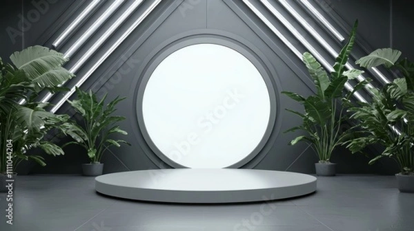 Fototapeta Futuristic Minimalist Display Platform with Tropical Plants and Neon Lighting