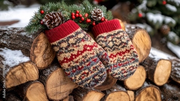 Fototapeta Knitted Mittens with Pine Cones and Evergreen Sprigs Resting on a Stack of Wood