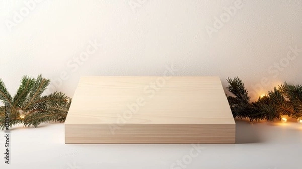 Fototapeta A simple wooden surface is surrounded by greenery and warm lights, creating a cozy and festive atmosphere.