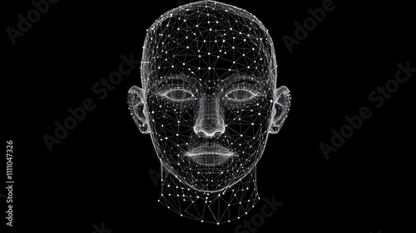 Obraz Face recognition technology. Vector 3d geometric wireframe of human head on dark blue background with network of connecting dots and lines, symbolizing face scan, digital connections and security