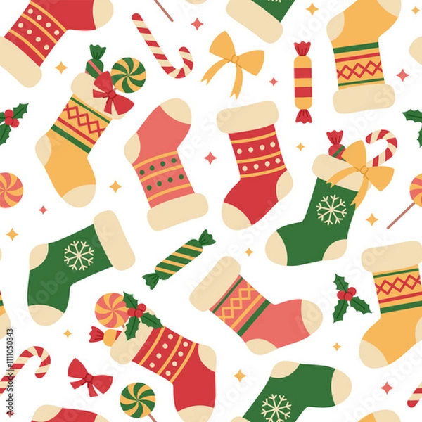 Obraz Seamless pattern with colorful Christmas stockings on white background. Holiday gift socks with candies, lollipops and candy canes. Vector flat illustration for wallpaper, textile, packaging