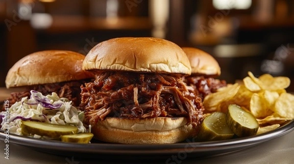 Fototapeta Photo of, A tempting plate of BBQ pulled pork sandwiches piled high on toasted brioche buns and served with coleslaw and pickles, Pulled pork plate centered