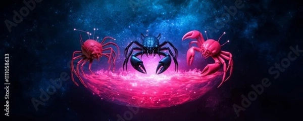 Fototapeta Cancer, Scorpio, and Pisces emerging from a glowing celestial ocean, water sign ocean, fluid zodiac energy