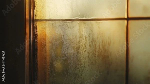 Fototapeta A Window Pane Covered in Condensation with Golden Sunset Light