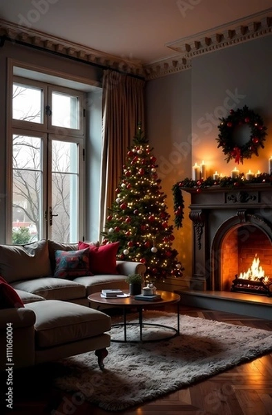 Obraz Christmas tree in the living room with cozy plaids on the sofa or sofa, decorative pillows, fireplace and cozy atmosphere