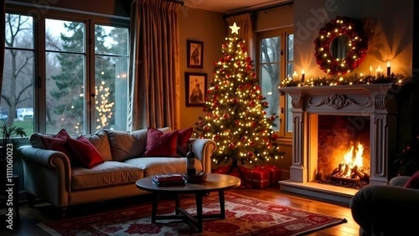 Obraz Christmas tree in the living room with cozy plaids on the sofa or sofa, decorative pillows, fireplace and cozy atmosphere