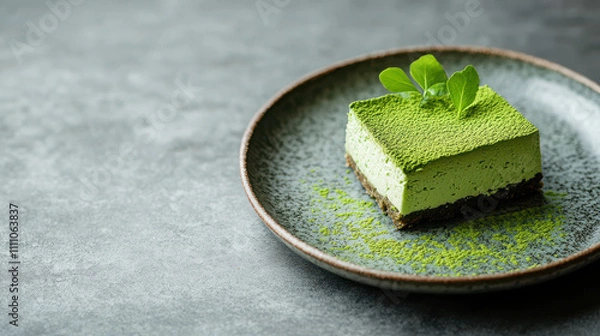 Fototapeta Delight in this matcha tea powder cheesecake, beautifully presented on textured plate. vibrant green color and smooth texture evoke sense of freshness and indulgence
