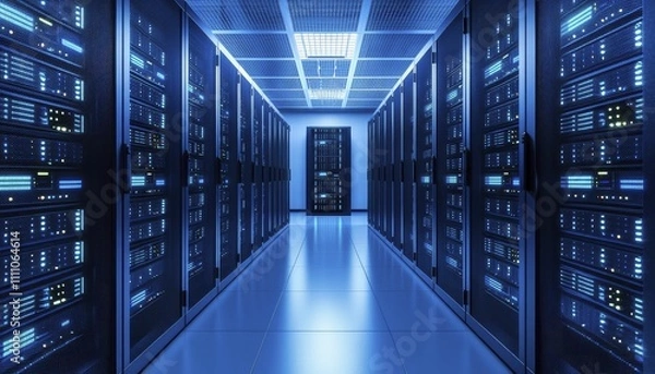 Obraz Server redundancy network setup, minimalist tech aesthetic, sleek matte finish, front view emphasis, complemented by glowing server environment.