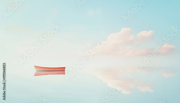 Obraz Lone Boat Floating on Vast, Empty Ocean Under Soft Blue Sky with Gentle Clouds
