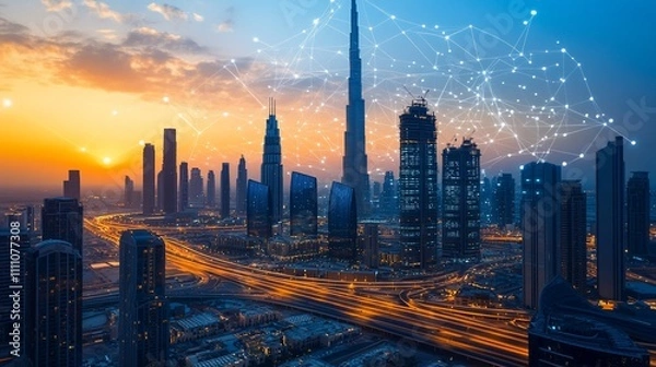 Fototapeta Aerial view of Dubai skyline at sunset with digital network overlay.  Modern city, illuminated skyscrapers, vibrant colors, network connection, futuristic.