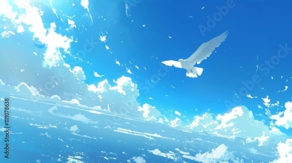 Fototapeta A serene white bird silhouette soaring in a pristine blue sky  evoking peace and isolation