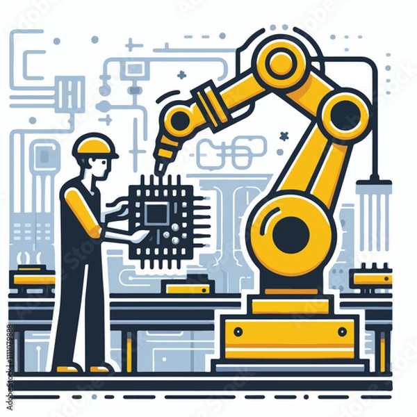 Obraz A worker in a yellow hard hat operates a  in an industrial setting.  The background includes machinery and control panels. Vector illustration icon  on a white background 