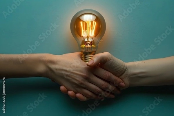 Obraz Two hands shaking with a glowing light bulb in the center on a teal background Studio conceptual photography for innovation teamwork and partnership themes

