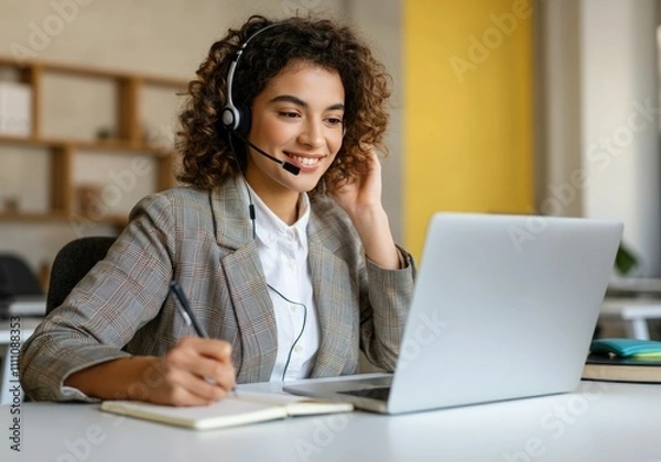 Obraz Smiling woman with curly hair wearing headset taking notes while working on laptop