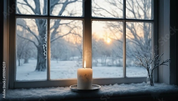 Fototapeta Atmospheric Candlelight Scene With Snow-Dusted Windowsill Against Winter Forest Sunset