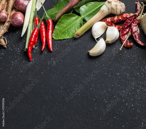 Obraz Herb ingredient of Tom Yum spicy soup Traditional Thai food cuisine black background
