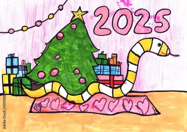 Obraz A striped snake sits near a decorated Christmas tree with gifts. 2025. Happy New Year! Children's drawing