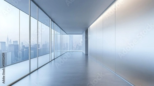 Fototapeta Empty Modern Office Corridor with City View