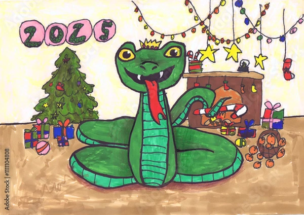 Obraz A cheerful snake looks sitting near a decorated Christmas tree. 2025. Happy New Year! Children's drawing