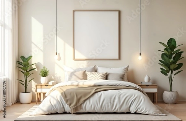 Fototapeta Modern bedroom interior with light beige walls featuring comfortable bed with beige blanket, white bedding. Stylish lamps, plants add touch of elegance. Empty room suggests peaceful, relaxing