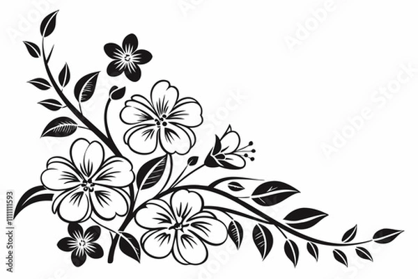 Obraz Floral corner border silhouette vector illustration
