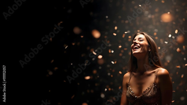 Fototapeta Beautiful woman in the dark evening at a party with confetti and moody lighting realistic photo smiling laughing dancing happy young lady alone in a dress in a room at a club with space for text