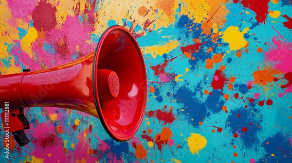 Fototapeta Red Megaphone on Colorful Abstract Paint Splatter Background