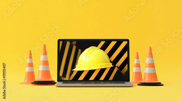 Obraz Website Under Construction  Laptop  Hard Hat  Cones