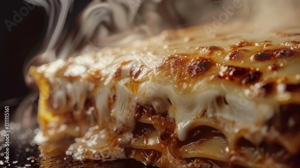 Fototapeta Delicious close up of sizzling lasagna with bubbling cheese and crispy golden brown top