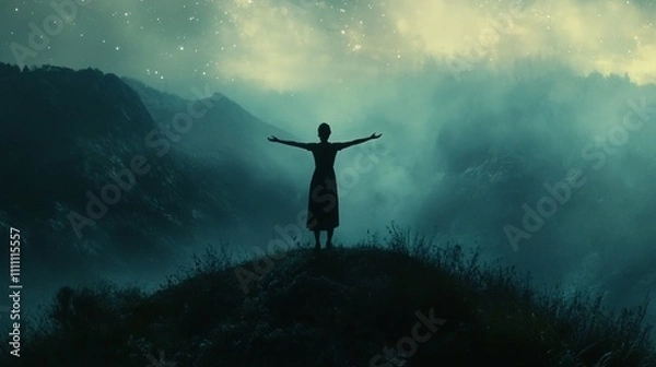 Fototapeta A silhouetted figure stands with arms outstretched against a starry, misty landscape.