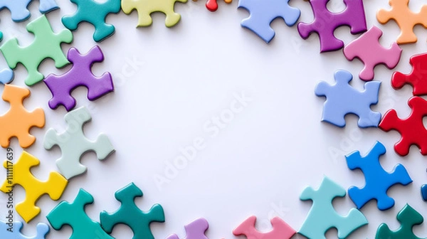 Fototapeta Colorful Jigsaw Puzzle Pieces Frame  Border  Background