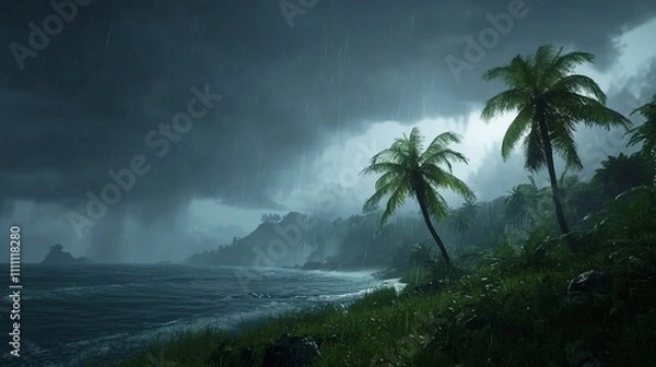 Fototapeta A stormy coastal scene with palm trees and heavy rain, creating a dramatic atmosphere.