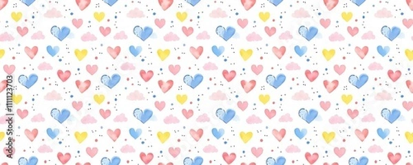 Fototapeta seamless pattern of Watercolor hearts clouds pattern pink blue yellow romantic love Valentine's Day 