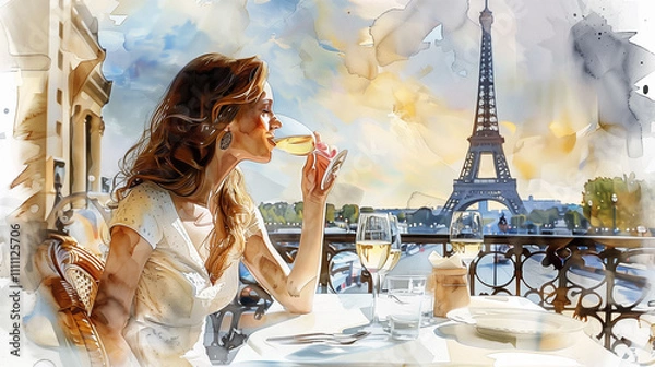 Fototapeta Woman enjoys wine with Eiffel Tower view.