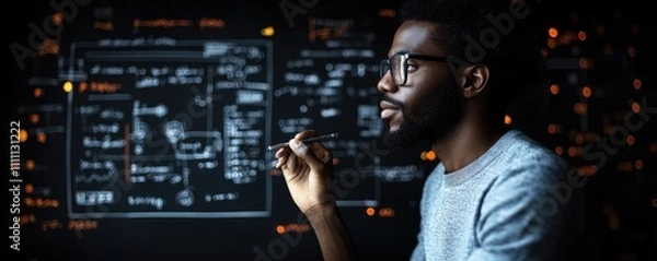 Fototapeta Man with glasses holding a pen and looking at a transparent digital interface with charts and diagrams on a dark background
