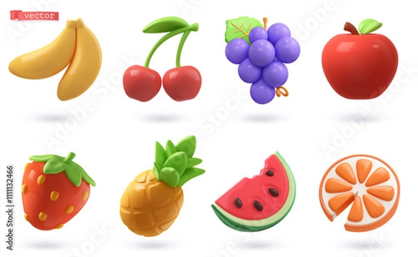 Fototapeta Fruits and berries icon 3d render cartoon vector set. Banana, cherry, grape, apple, strawberry, pineapple, watermelon, orange
