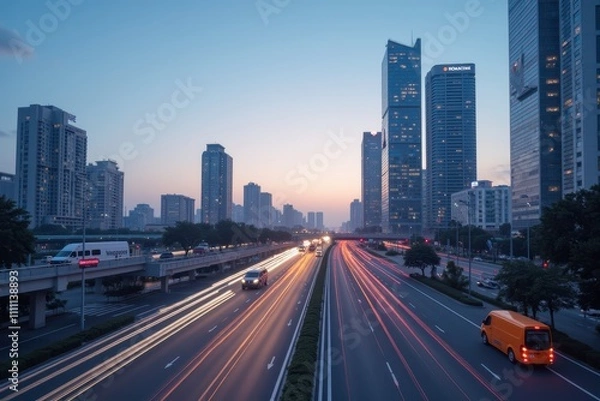 Fototapeta Urban Cityscape at Dusk with Traffic Flowing Along the Road Surrounded by Skyscrapers and Modern Architecture in an AI-Driven Environment