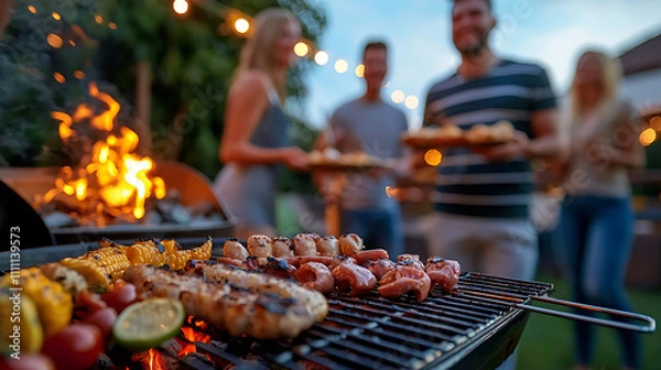 Obraz A group of people are gathered around a grill, cooking food