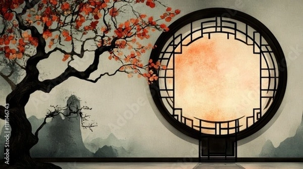 Fototapeta Serene Asian-inspired scene with a blossoming tree and a circular window. Peaceful and minimalist aesthetic.