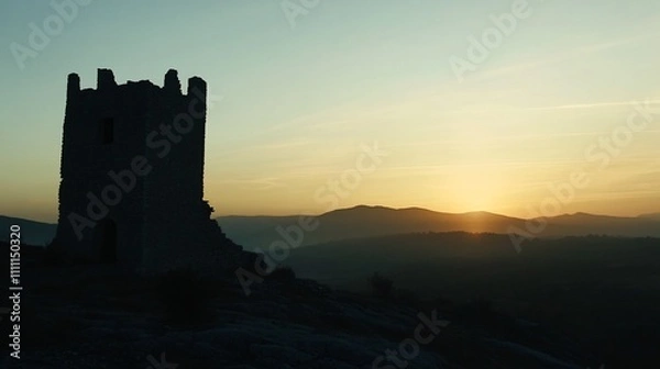 Fototapeta A silhouette of a ruined tower against a sunset backdrop in a mountainous landscape.