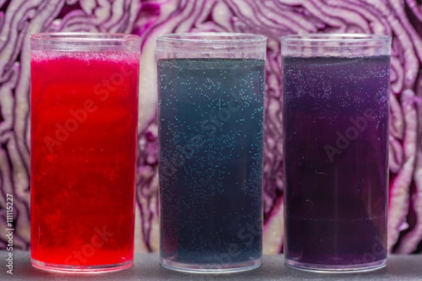 Fototapeta Red cabbage pH indicator solution. Acidic lemon juice (red), alkali sodium bicarbonate (blue) and neutral tap water (purple) showing property of anthocyanin in red cabbage juice
