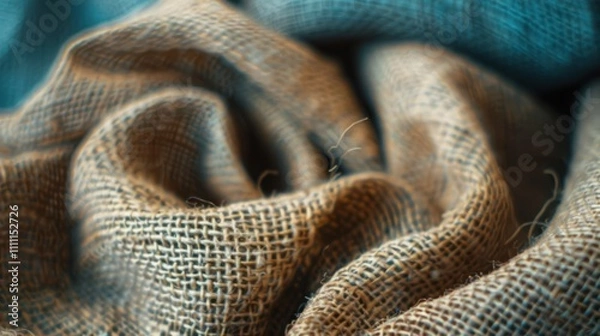 Obraz Close-up of textured burlap fabric with brown and teal tones, showing wrinkles and weaves.