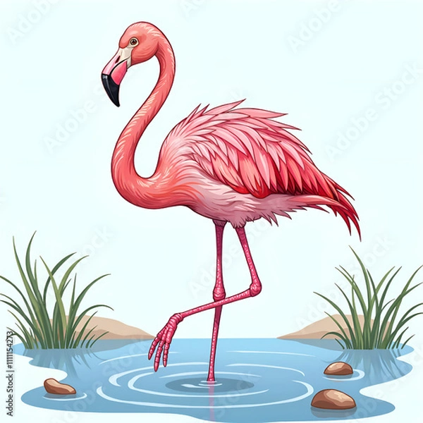 Fototapeta Vibrant pink flamingo standing gracefully in a tranquil water scene, digital illustration of nature design concept.