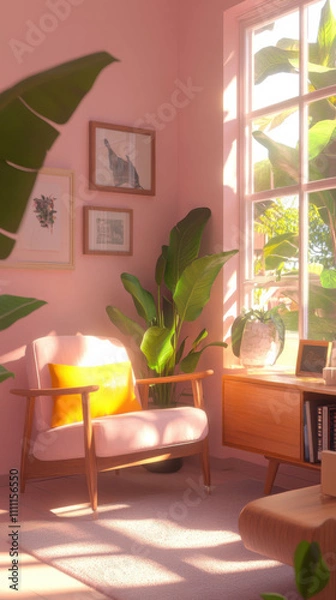 Fototapeta Cozy sunlit reading nook with lush greenery and soft pink tones, AI